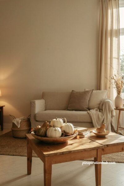 Cozy autumn living room with white pumpkins dried gourds and natural textures