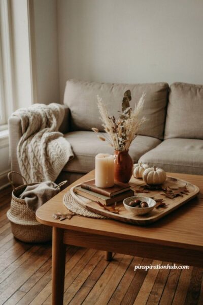 Cozy fall coffee table decor with wooden tray candle dried stems books and ceramic pumpkins