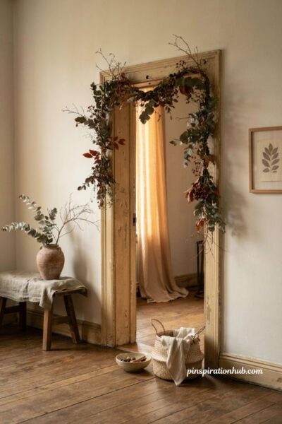 Cozy fall doorway decor with eucalyptus foliage berries and layered autumn garland