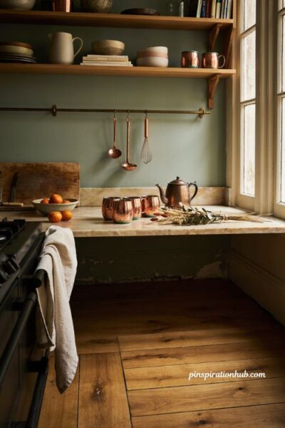 Cozy fall kitchen with copper mugs teapot warm wood shelves and autumn decor accents