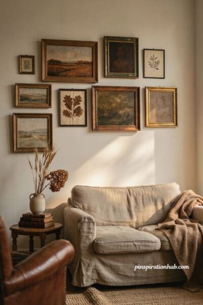 Cozy fall living room with autumn landscape wall art vintage gallery frames and warm neutral decor
