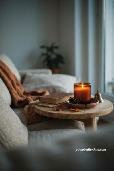 Cozy fall living room with glowing scented candle warm blankets and autumn decor at dusk