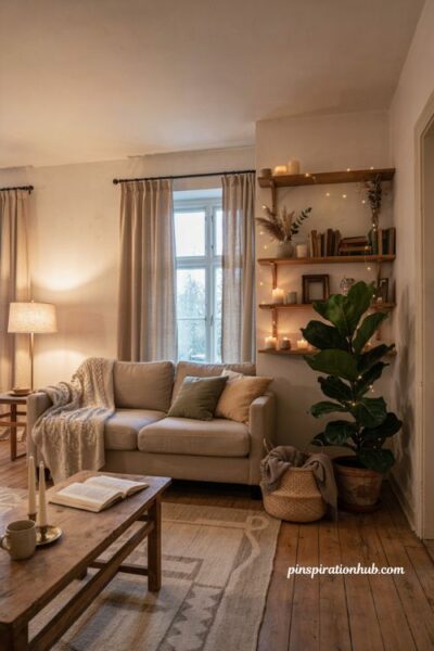 Cozy fall living room with warm lamps candles and string lights for soft autumn evening lighting