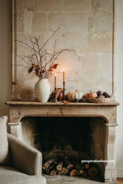 Cozy fall mantel decor with pumpkins dried branches candles and rustic fireplace accents