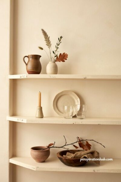 Cozy fall open shelf decor with earthy ceramics dried flowers and simple autumn kitchen accents