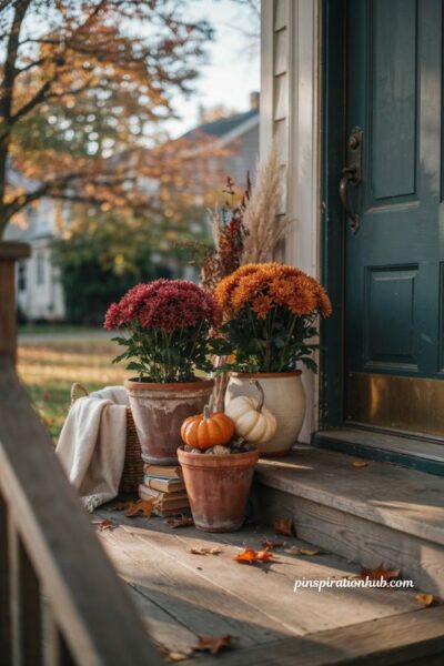 Cozy fall porch ideas with burgundy and orange mums
