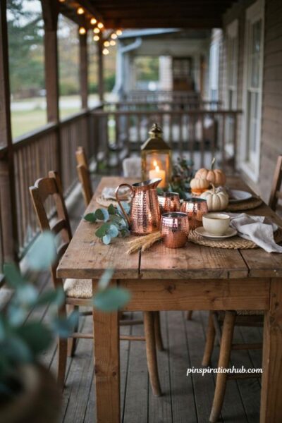 Cozy fall porch ideas with copper mugs and eucalyptus