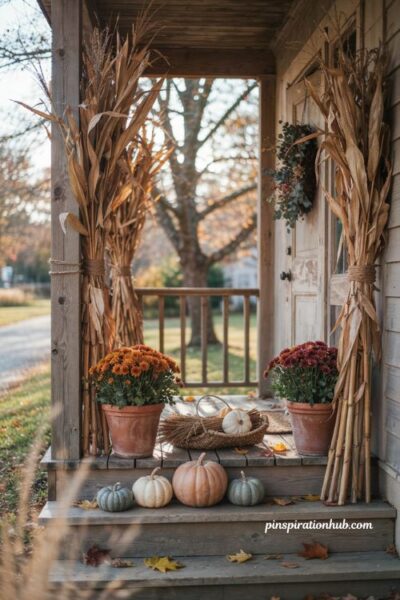 Cozy fall porch ideas with cornstalks and pumpkins
