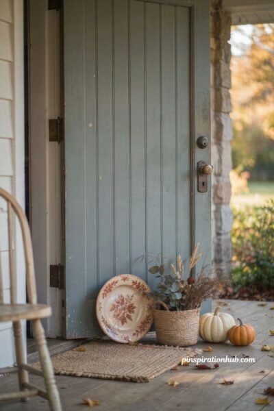 Cozy fall porch ideas with decorative plate door accent