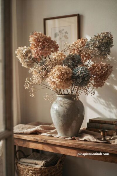 Cozy fall porch ideas with dried hydrangeas and babys breath in a vintage ceramic vase