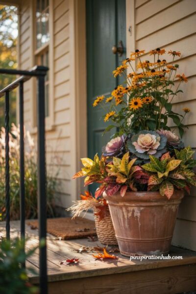 Cozy fall porch ideas with layered foliage planter