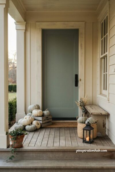 Cozy fall porch ideas with neutral cream and sage pumpkins in a rustic front entry