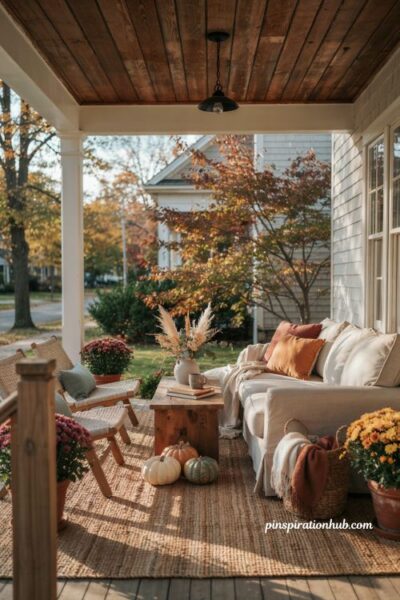 Cozy fall porch ideas with neutral furniture and jute rug
