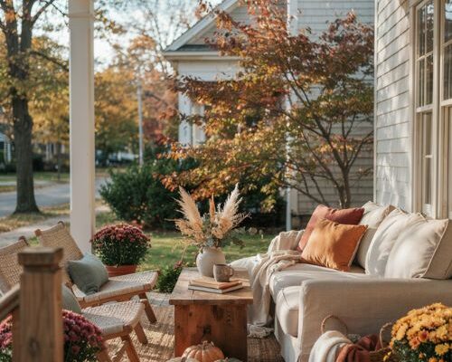 Cozy fall porch ideas with neutral furniture and jute rug