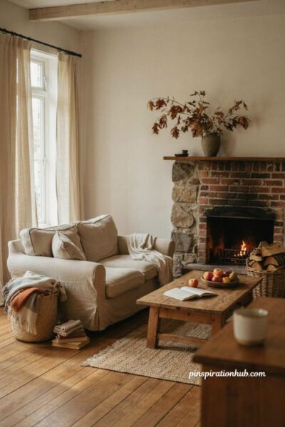 Cozy fall porch ideas with neutral woven baskets filled with blankets firewood and autumn fruit