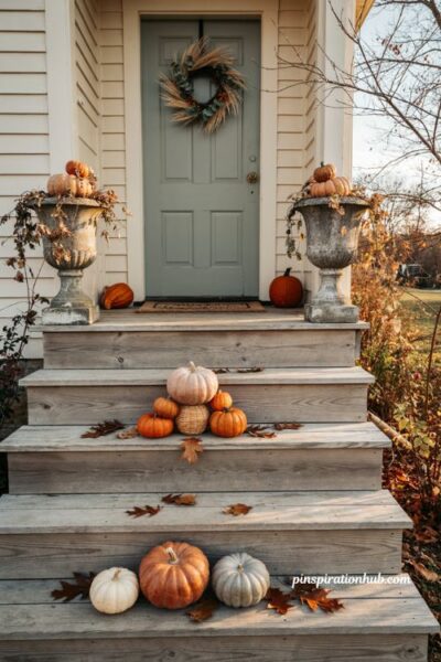 Cozy fall porch ideas with orange white and gray pumpkins