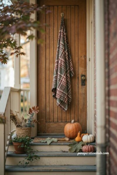 Cozy fall porch ideas with plaid table runner door decor