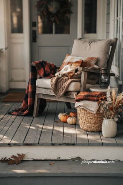 Cozy fall porch ideas with plaid throw blankets