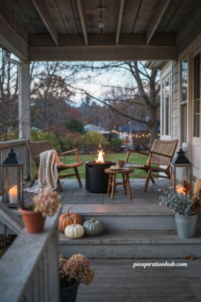 Cozy fall porch ideas with propane fire pit and blankets