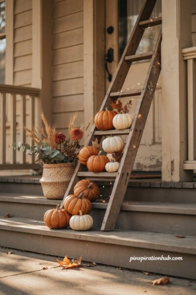 Cozy fall porch ideas with pumpkins on a wooden ladder