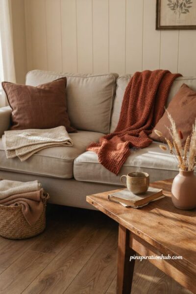 Cozy fall porch ideas with rust cream and brown blankets layered on a comfortable neutral sofa