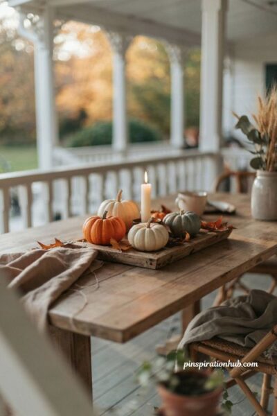 Cozy fall porch ideas with simple pumpkin tray centerpiece