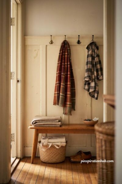 Cozy fall porch ideas with thrifted plaid scarves and flannel textures in a warm entryway