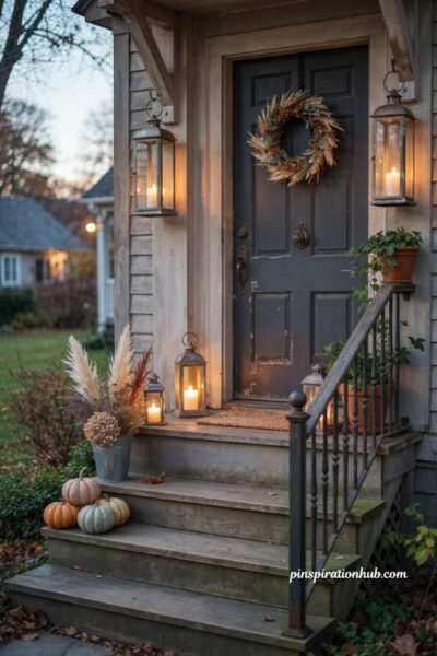 Cozy fall porch ideas with warm lantern lighting