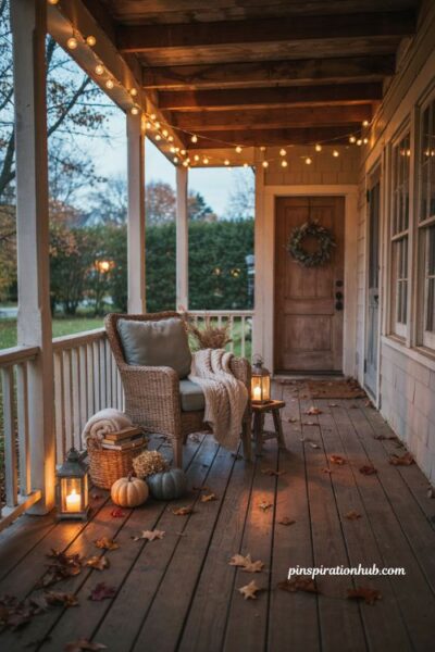 Cozy fall porch ideas with warm white string lights