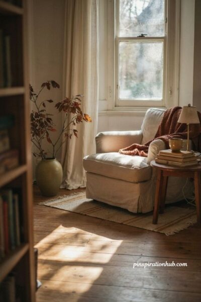 Cozy fall reading nook by a window with soft natural light and comfortable chair