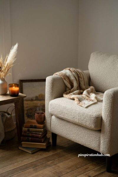 Cozy fall reading nook with armchair warm throw candle mug autumn artwork and books