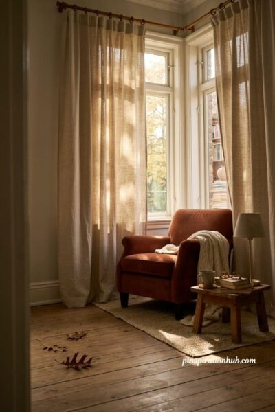Cozy fall reading nook with linen curtain canopy and warm window light
