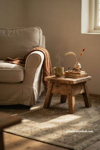 Cozy fall reading nook with small side table books tea and reading glasses