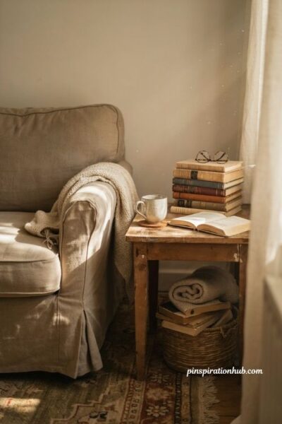 Cozy fall reading nook with stacked books vintage chair and warm autumn decor