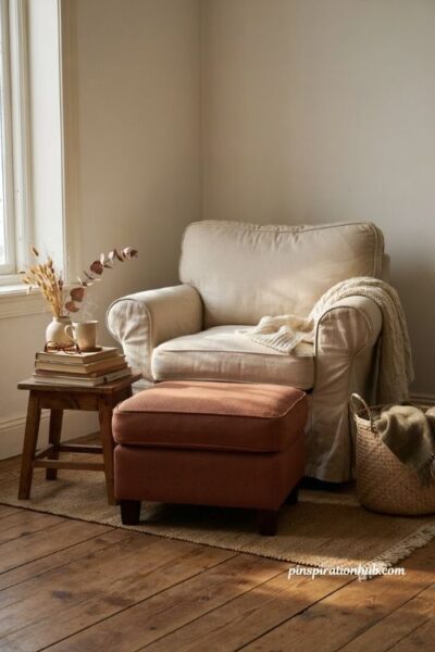 Cozy fall reading nook with upholstered ottoman comfortable chair and warm rug