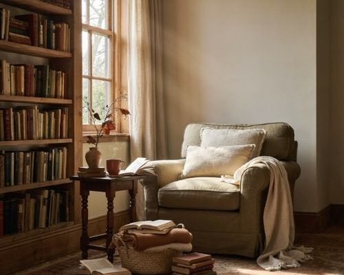 Cozy fall reading nook with vintage chair warm blankets and afternoon light