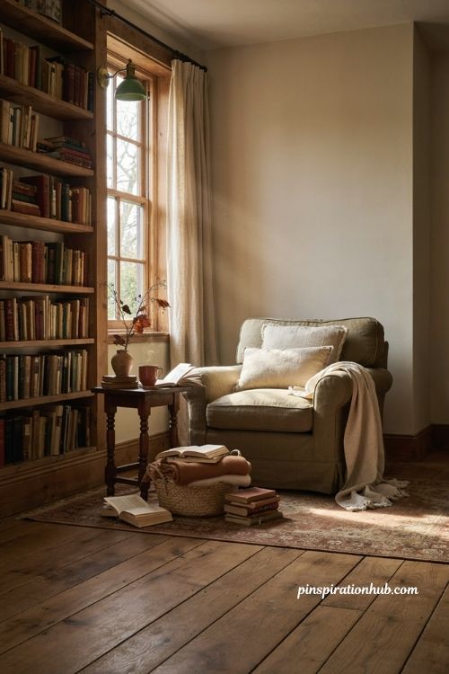 Cozy fall reading nook with vintage chair warm blankets and afternoon light
