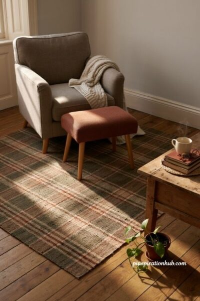 Cozy fall reading nook with warm wool rug comfortable chair and autumn decor