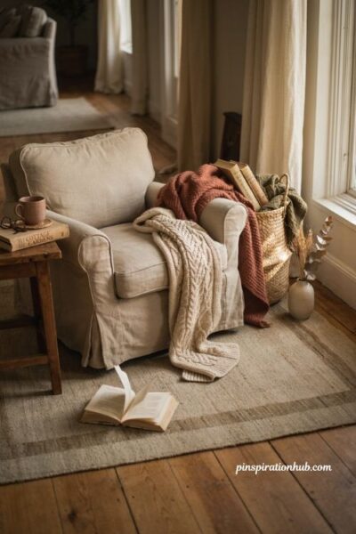 Cozy fall reading nook with woven basket blankets books and warm autumn decor