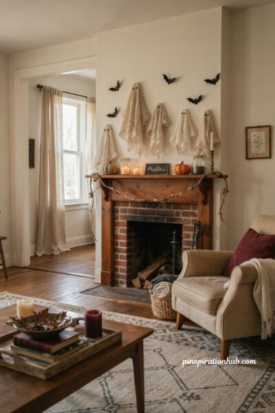 DIY cheesecloth floating ghost for cozy Halloween mantel decor