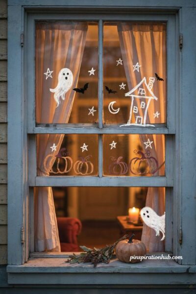 DIY Halloween window painting with hand drawn ghosts, bats, pumpkins and haunted house designs
