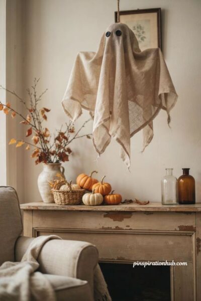 DIY cheesecloth floating ghost for cozy Halloween mantel decor