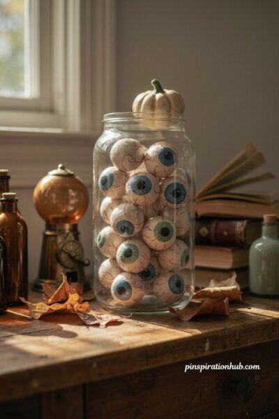 DIY clay eyeball jar with creepy vintage Halloween decor