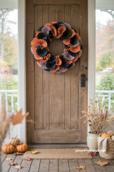 DIY cupcake liner wreath with orange black and purple Halloween decor
