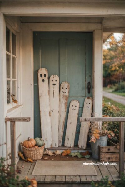 DIY distressed wood ghost decor with rustic farmhouse porch Halloween accents