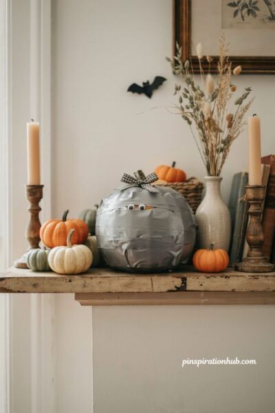 DIY duct tape mummy pumpkin with googly eyes and cozy Halloween mantel decor