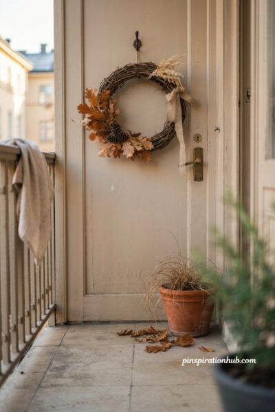 DIY fall wreath on balcony door with dried leaves, pinecones and burlap ribbon, rustic autumn balcony decor with grapevine wreath and warm natural textures
