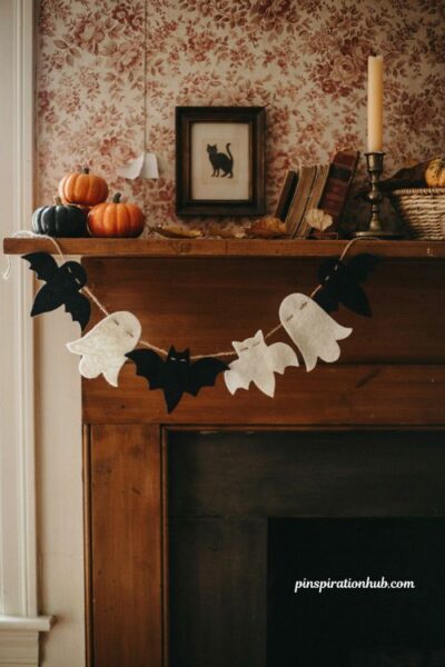 DIY felt ghost and bat garland for vintage Halloween decor