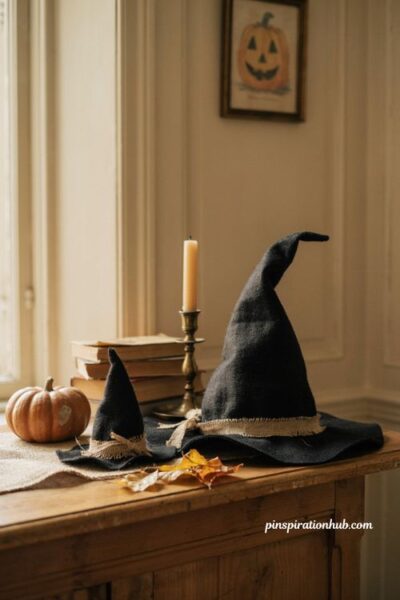 DIY felt witch hat with matching miniature Halloween decor