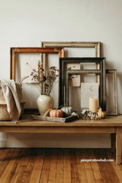 DIY framed Halloween printable decor with thrifted frames and cozy mantel accents